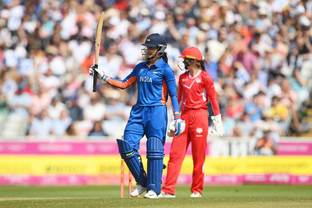 Smriti Mandhana of Team India celebrates reaching 50 runs during the Cricket T20 - Semi-Final match between Team England and Team India on day nine...