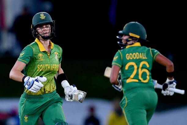India vs South Africa -South Africa's Laura Wolvaardt and Lara Goodall run between the wickets during the Women's Cricket World Cup match between South Africa and India at...