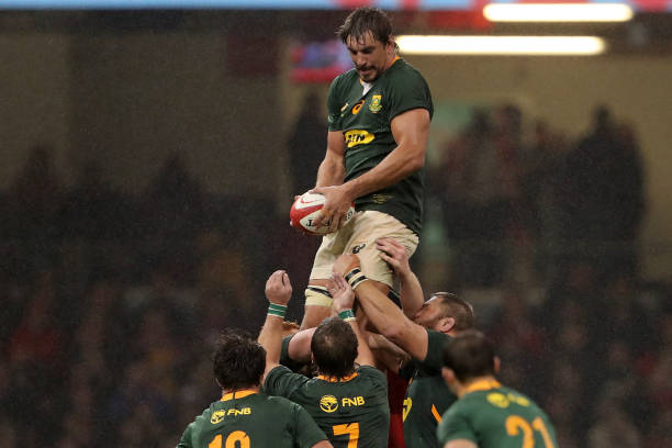 South Africa's lock Eben Etzebeth claims line-out ball during the Autumn International friendly rugby union match between Wales and South Africa at the Principality Stadium in Cardiff, south Wales, on November 6, 2021. (Photo by Geoff Caddick / AFP) (Photo by GEOFF CADDICK/AFP via Getty Images)