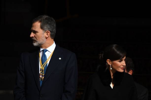 Spain's King Felipe VI and Queen Letizia attend a military parade after the opening ceremony of the Spanish 14th legislature at the lower house of...