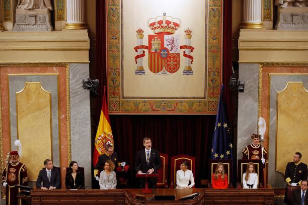 Spain's King Felipe VI delivers a speech during the opening ceremony of the Spanish 14th legislature at the lower house of parliament on February 03...