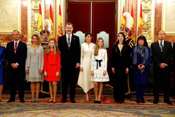 Spain's King Felipe VI poses with the speaker of the Spanish lower house of parliament Meritxell Batet Queen Letizia princesses Leonor and Sofia and...'s King Felipe VI poses with the speaker of the Spanish lower house of parliament Meritxell Batet Queen Letizia princesses Leonor and Sofia and...