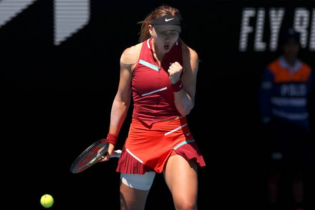 Spain's Paula Badosa reacts after a point against Italy's Martina Trevisan during their women's singles match on day three of the Australian Open...