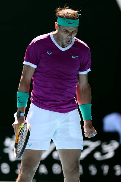 Spain's Rafael Nadal reacts after a point against Germany's Yannick Hanfmann during their men's singles match on day three of the Australian Open...
