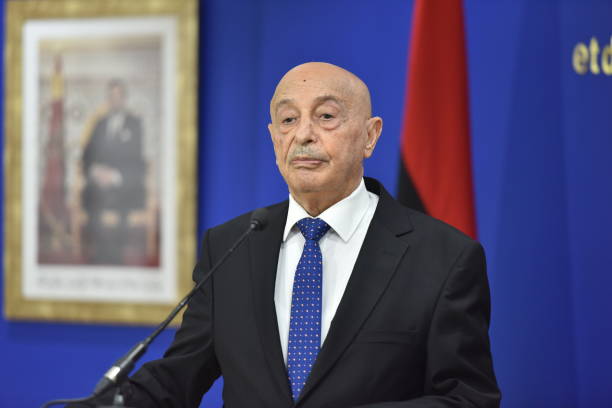 Speaker of the House of Representatives of Libya, Aguila Saleh and Moroccan Foreign Minister Nasser Bourita hold a joint press conference after their...