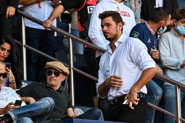 Stanislas WAWRINKA Swiss tennis player in the stand prior to the French Ligue 1 Uber Eats soccer match between Paris Saint Germain and Strasbourg at...