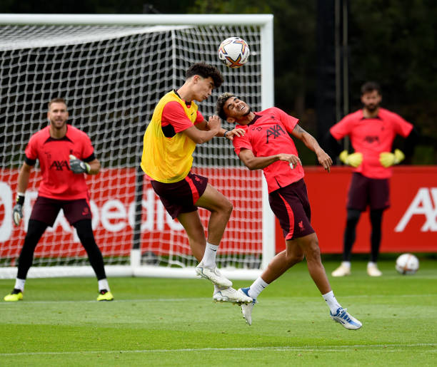 Stefan Bajcetic and Luis Diaz of Liverpool during a training session at AXA Training Centre on August 04, 2022 in Kirkby, England.