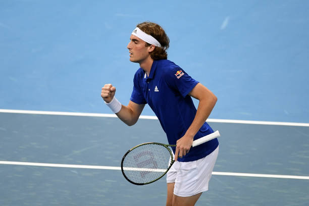 Stefanos Tsitsipas of Greece pumps his fist during the ATP Cup Tennis doubles match between Stefanos Tsitsipas and Michail Pervolarakis of Greece v...
