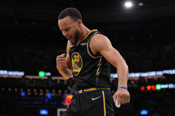Stephen Curry of the Golden State Warriors celebrates during Game Four of the 2022 NBA Finals on June 10, 2022 at TD Garden in Boston, Massachusetts....
