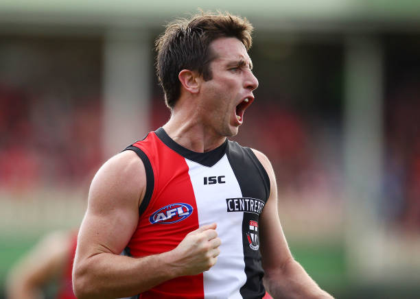 Stephen Milne of St Kilda celebrates one of his goals during the round 17 AFL match between the Sydney Swans and the St Kilda Saints at the Sydney...