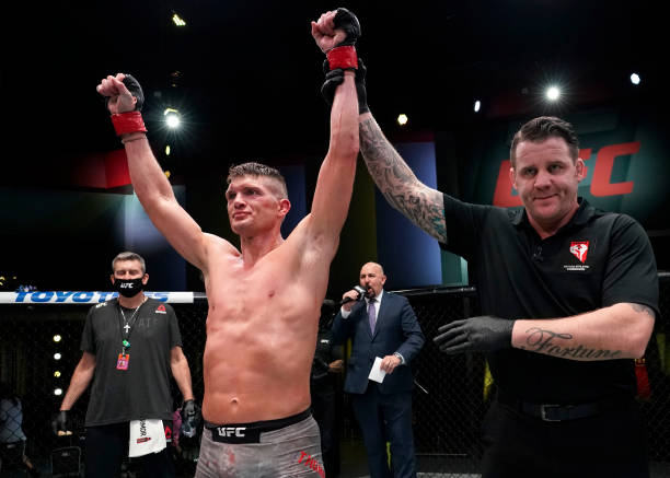 Stephen Thompson reacts after his victory over Geoff Neal in a welterweight fight during the UFC Fight Night event at UFC APEX on December 19, 2020...