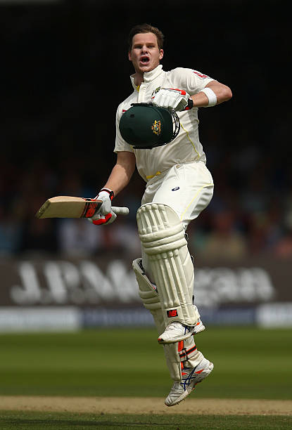 Steve Smith of Australia celebrates after reaching his double century during day two of the 2nd Investec Ashes Test match between England and...
