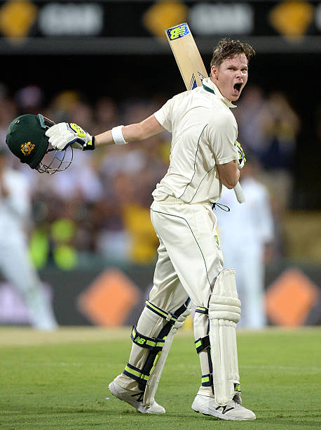 Steve Smith of Australia celebrates scoring a century during day one of the First Test match between Australia and Pakistan at The Gabba on December...