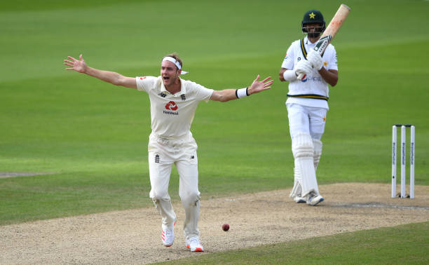 Stuart Broad of England appeals successfully for the wicket of Shan Masood of Pakistan during Day Two of the 1st #RaiseTheBat Test Match between...
