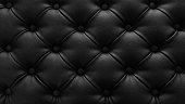 Stylish soft black leather upholstery of sofa. Black material is decorated with leather buttons.