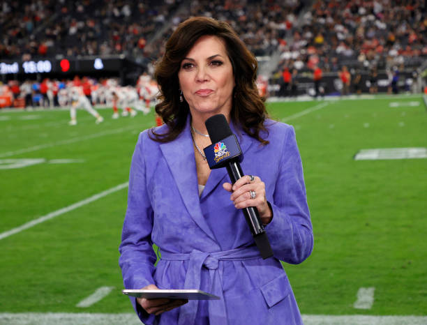 Sunday Night Football" sideline reporter Michele Tafoya speaks during a game between the Kansas City Chiefs and the Las Vegas Raiders at Allegiant...