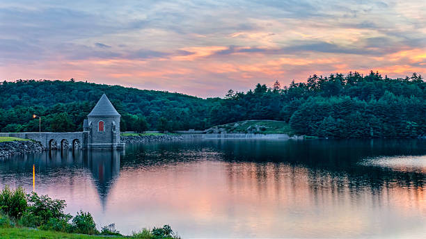 sunset at saville dam barkhamsted connecticut castle turret picture