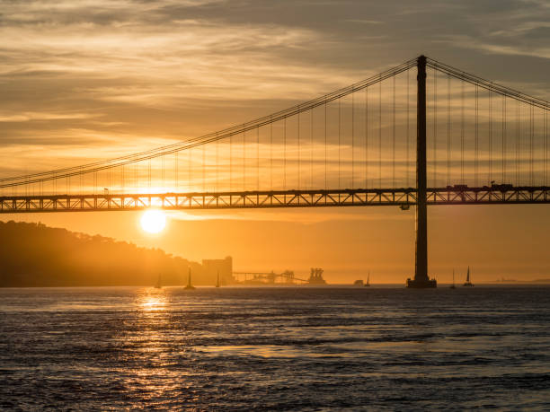 Sunset on Tagus river (Tejo) at Almada waterfront, Lisbon (Portugal)