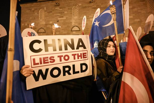 Supporters of China's Muslim Uighur minority wave flag of East Turkestan and hold placards on December 20, 2019 during a demostration at Fatih in...