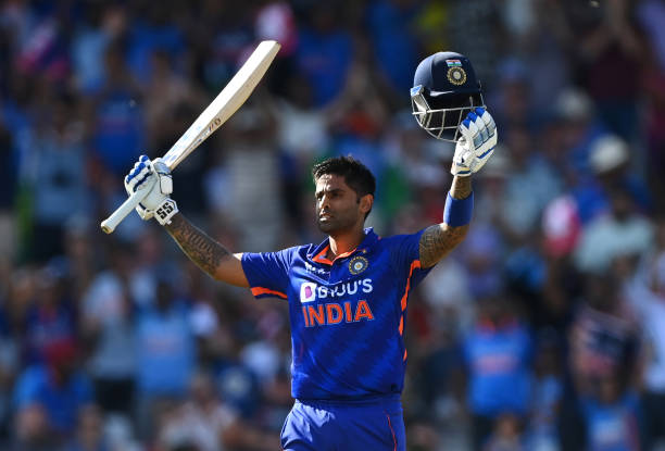 Suryakumar Yadav of India celebrates reaching their century during the 3rd Vitality IT20 match between England and India at Trent Bridge on July 10,...