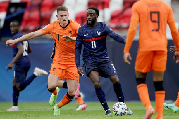 Sven Botman of Holland U21, Jonathan Ikone of France U21 during the EURO U21 match between Holland v France at the Boszik Arena on May 31, 2021 in...