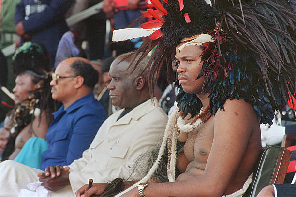 Swaziland new King Mswati III who succeeded his father King Sobhuza II who died in 1982 at the age of 82 watches the crowd during his coronation 25...