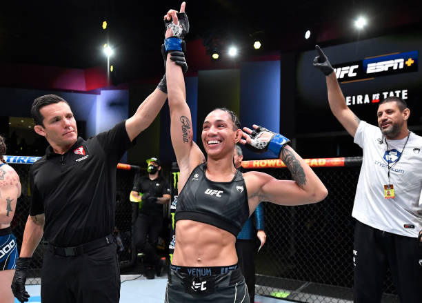 Taila Santos of Brazil reacts after her victory over Joanne Wood of Scotland in a flyweight fight during the UFC Fight Night event at UFC APEX on...
