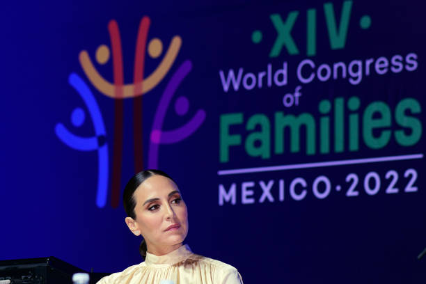 Tamara Falcó attends during `Familia y Entretenimiento´press conference as a part of second day of XIV World Congress of Families Mexico 2022 at Expo...