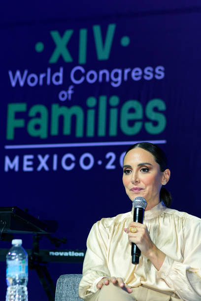 Tamara Falcó speaks during `Familia y Entretenimiento´press conference as a part of second day of XIV World Congress of Families Mexico 2022 at Expo...