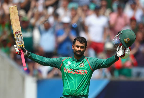Tamim Iqbal Khan of Bangladesh celebrates his century during the ICC Champions Cup Group A match between England and Bangladesh at The Kia Oval on...