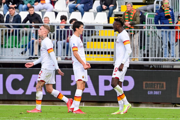 Tammy Abraham of AS Roma celebrates with teammates after scored a goal during the Serie A match between Venezia FC v AS Roma at Stadio Pier Luigi...