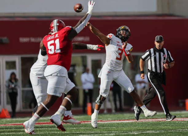 Big Ten Taulia Tagovailoa of the Maryland Terrapins throws the ball during the game against the Indiana Hoosiers at Memorial Stadium on October 15, 2022 in...