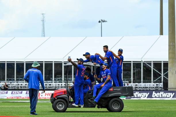Team India ride on a quad-motor around the field as they celebrate after winning the fifth and final T20I match between West Indies and India at the...