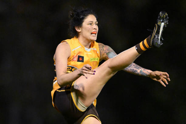 Tegan Cunningham of the Hawks kicks the ball during the round five AFLW match between the Sydney Swans and the Hawthorn Hawks at Punt Road Oval on...