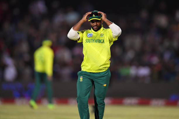 Temba Bavuma of South Africa react during the first T20 International match between South Africa and England at Buffalo Park on February 12, 2020 in...