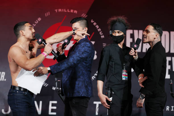 Teofimo Lopez and George Kambosos Jr. Face off during a press conference for Triller Fight Club at Mercedes-Benz Stadium on April 16, 2021 in...