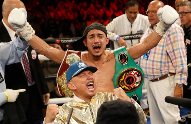 Teofimo Lopez Jr. Celebrates with his father Teofimo Lopez Sr. After defeating Pedro Campa in a junior welterweight fight at Resorts World Las Vegas...
