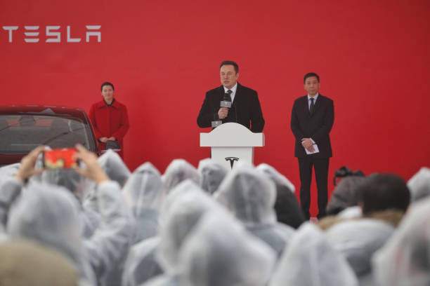 Tesla boss Elon Musk speaks during the ground-breaking ceremony for a Tesla factory in Shanghai on January 7, 2019. - Musk presided over the...