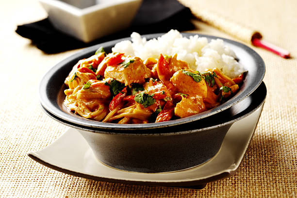 thai red chicken curry with rice picture