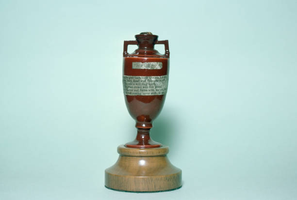The Ashes urn at Lord's Cricket Ground, London, circa October 1977. The term 'The Ashes' originated in a mock obituary for English cricket in the...
