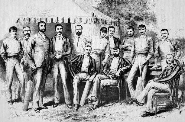 The Australia cricket team featured in a vintage illustration, circa 1882. Australian cricket team standing, left to right, S.P.Jones, A.C.Bannerman,...
