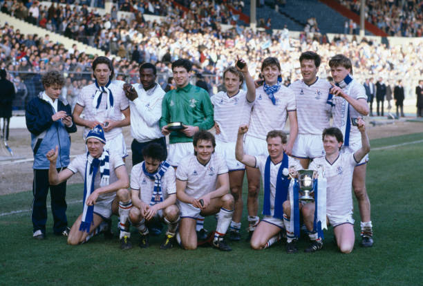The Chelsea team pose with the trophy after beating Manchester City 5-4 in the Full Members Cup Final at Wembley Stadium, March 23rd 1986. Back row :...