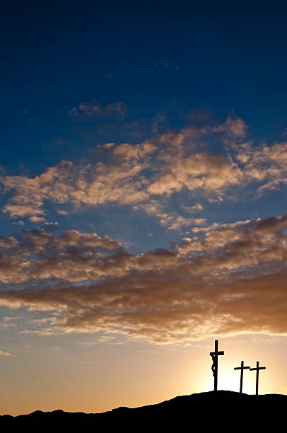 the crucifixion with three crosses and christ - good friday stockfoto's en -beelden
