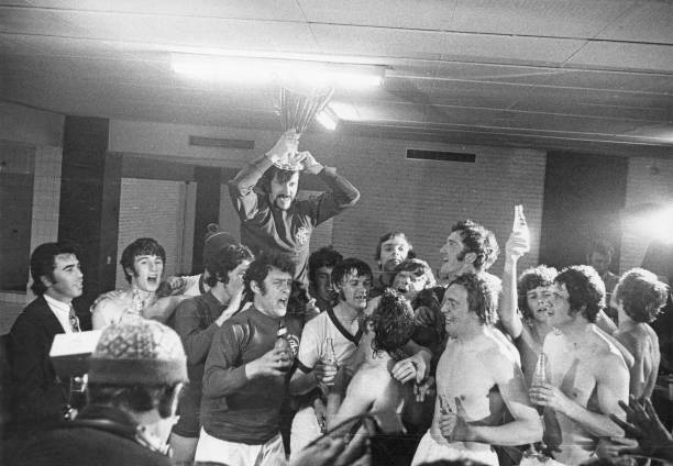 The Glasgow Rangers football team celebrate in their dressing room after winning the European Cup Winners' Cup final against FC Dynamo Moscow at Camp Nou Barcelona, 24th May 1972. Rangers won the match 3-2. 