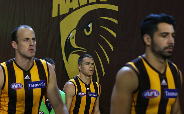 The Hawks walk out onto the field during the AFL First Preliminary Final match between the Hawthorn Hawks and the Geelong Cats at the Melbourne...