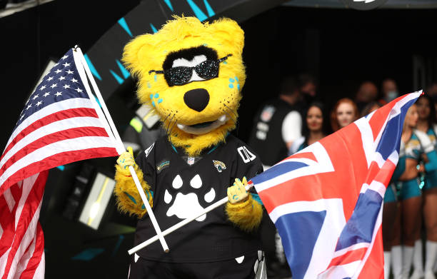 The Jacksonville Jaguars mascot is seen during the NFL London 2021 match between Miami Dolphins and Jacksonville Jaguars at Tottenham Hotspur Stadium...