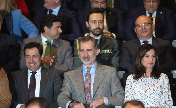 The president of Andalucia Juanma Moreno King Felipe VI and Queen Letizia during their visit to Doñana Natural Park on February 14 2020 in Almonte...