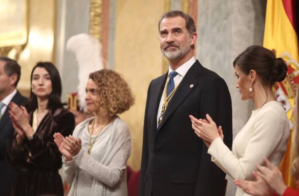 The president of Senate Pilar Llop the president of the Congress of Deputies Meritxell Batet King Felipe VI and Queen Letizia are seen during the...