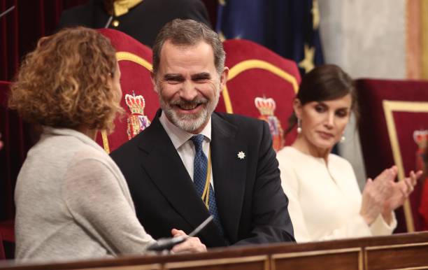 The president of the Congress of Deputies Meritxell Batet King Felipe VI and Queen Letizia are seen during the solemn opening of the 14th legislature...