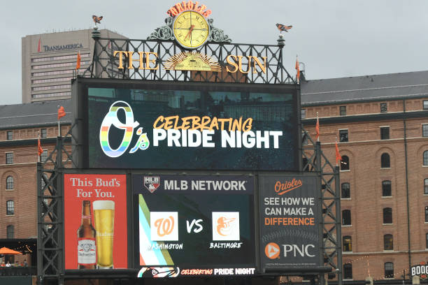 The scoreboard honors Pride Night before a baseball game between the Baltimore Orioles and the Washington Nationals at Oriole Park at Camden Yards on...